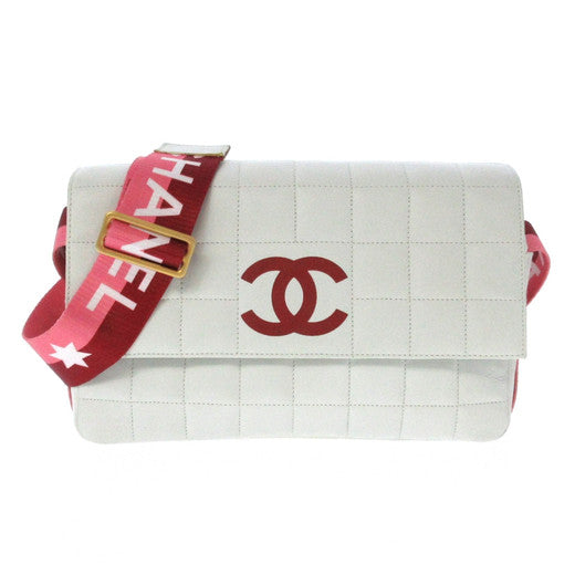 Chanel CC Star Sports White Red & Pink Trim Strap Chocolate Bar Leather Flap Crossbody Bag